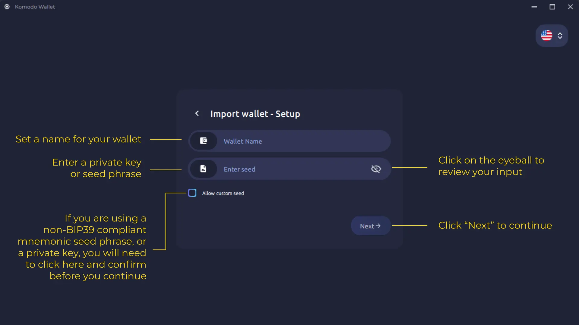 Import Private Key or Seed Phrase Into Komodo Wallet